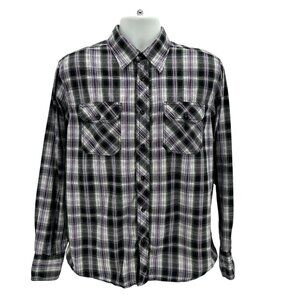 Vintage Eighty Eight Mens Large Button Shirt Plaid Black Purple 2000s Retro
